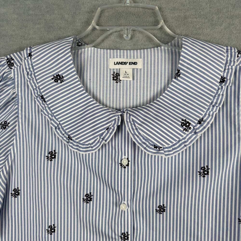 Lands End Women's L Cotton Puff Sleeve Statement Collar Shirt Blue White Stripe - Picture 6 of 15